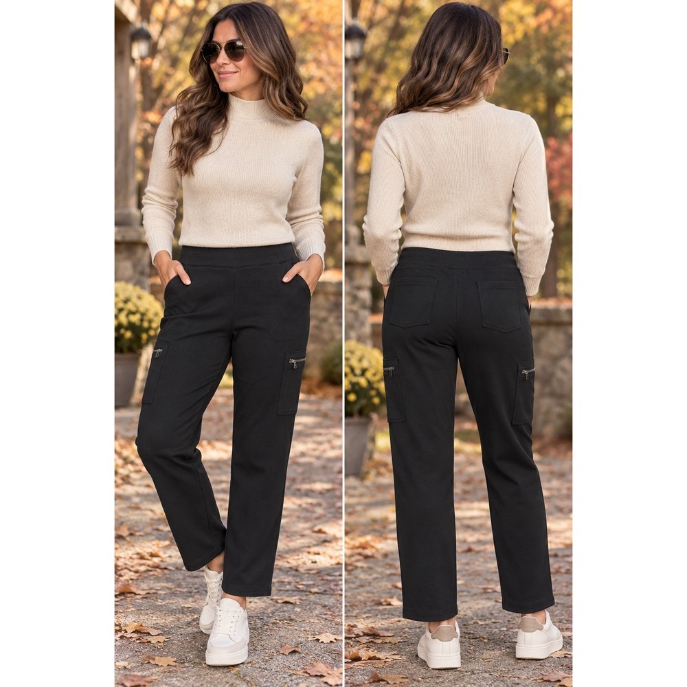 T by Talbots Women's Large Black Straight Leg Cargo Pants Stretch Zip Pockets